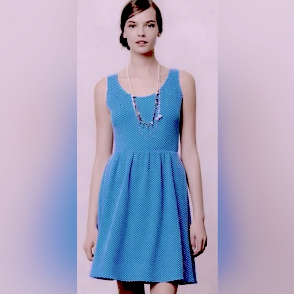 Anthropologie Maeve Sleeveless Caldera Fit & Flare Dress Blue/White Polka Dot B1